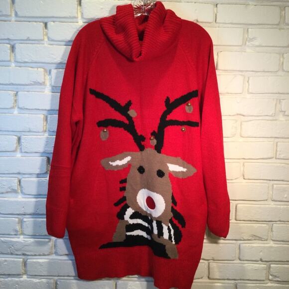 Ugly Christmas Sweater Reindeer Themed turtleneck tunic M - Picture 1 of 5